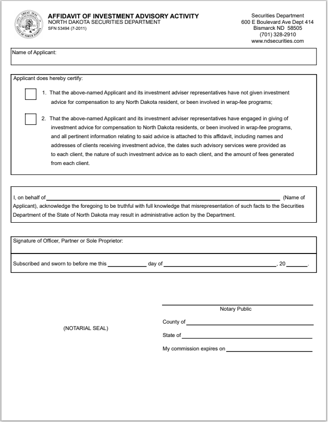 IA- North Dakota Investment Adviser Affidavit of Activity Form