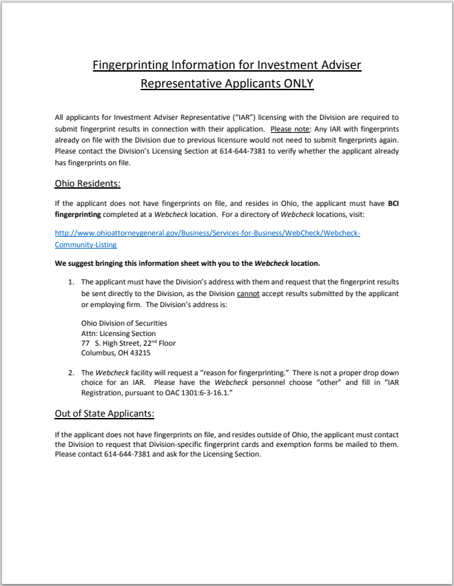 IA- Ohio Investment Adviser Representative Fingerprinting Information