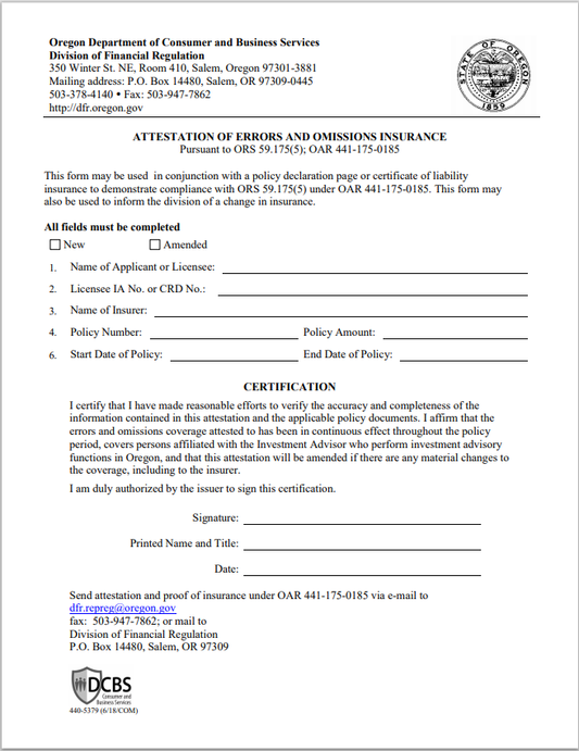 IA-Oregon Investment Adviser Attestation of Errors and Omissions Insurance Form