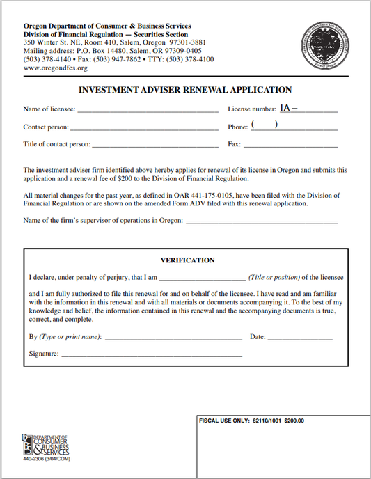 IA-Oregon Investment Adviser Firm Renewal Application Form