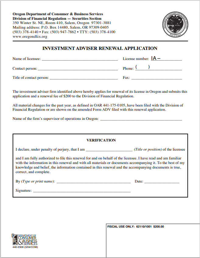 IA-Oregon Investment Adviser Firm Renewal Application Form
