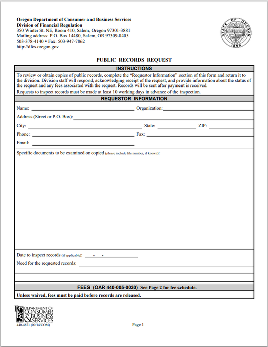IA- Oregon Investment Adviser Public Records Request Form