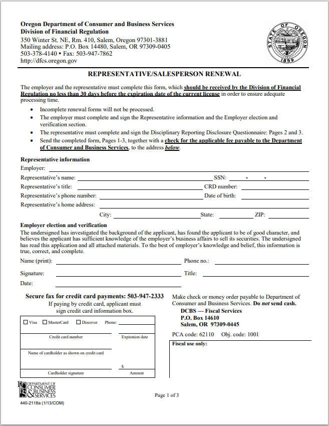 IA-Oregon Investment Adviser Representative – Salesperson Renewal Form