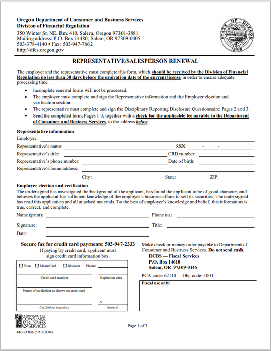 IA-Oregon Investment Adviser Representative – Salesperson Renewal Form