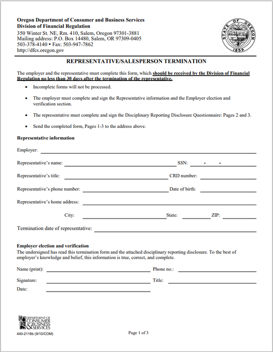 IA-Oregon Investment Adviser Representative – Salesperson Termination Form