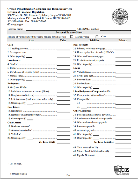 IA- Oregon Investment Adviser Rep. Personal Balance Sheet and Income Statement Form