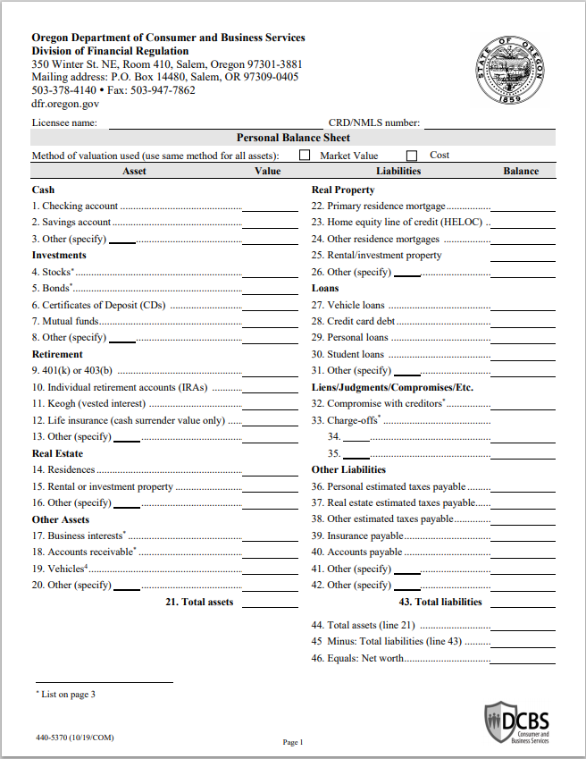 IA- Oregon Investment Adviser Rep. Personal Balance Sheet and Income Statement Form