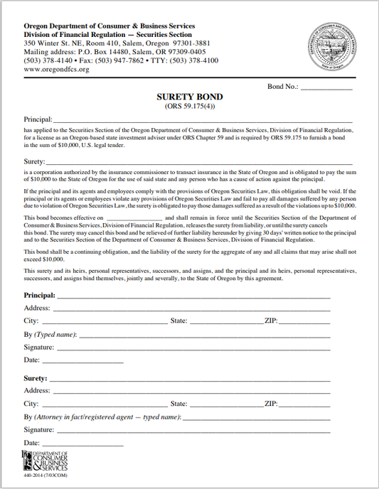 IA- Oregon Investment Adviser Surety Bond Form