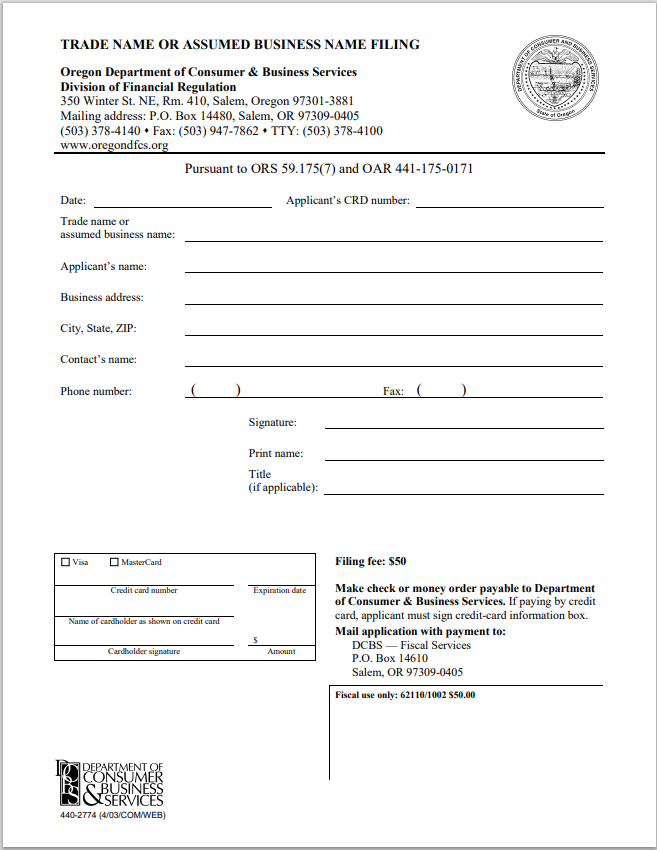 IA-Oregon Investment Adviser Trade Name or Assumed Business Name Filing Form