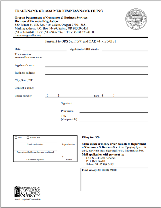 IA-Oregon Investment Adviser Trade Name or Assumed Business Name Filing Form