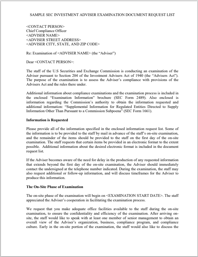 IA- SEC Invest. Adv. Sample Exam Rec. Req. List