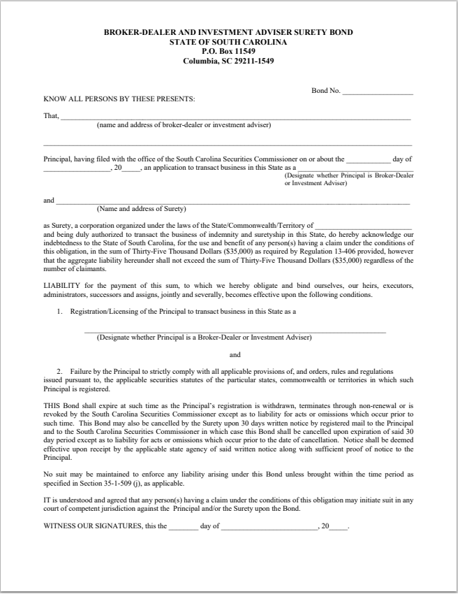 IA- South Carolina Investment Adviser Surety Bond Form