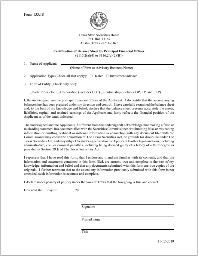 IA- Texas Investment Adviser Certification of Balance Sheet by Principal Financial Officer Form 133.18