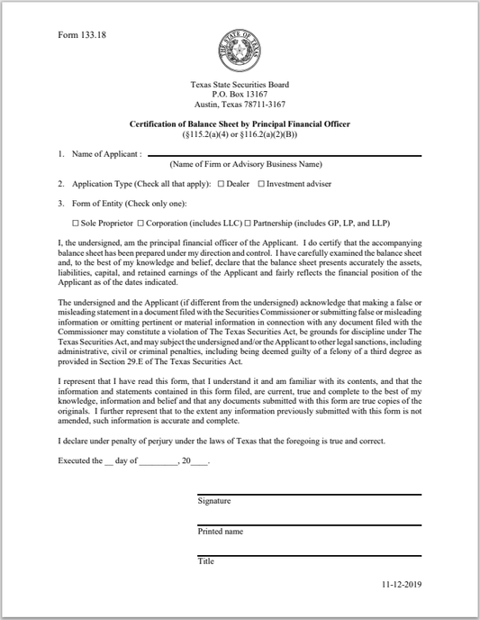 IA- Texas Investment Adviser Certification of Balance Sheet by Principal Financial Officer Form 133.18