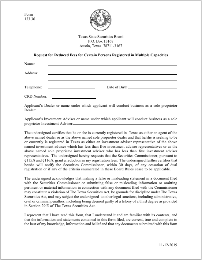 IA- Texas Investment Adviser Request for Reduced Fees for Certain Persons Registered in Multiple Capacities Form 133.36
