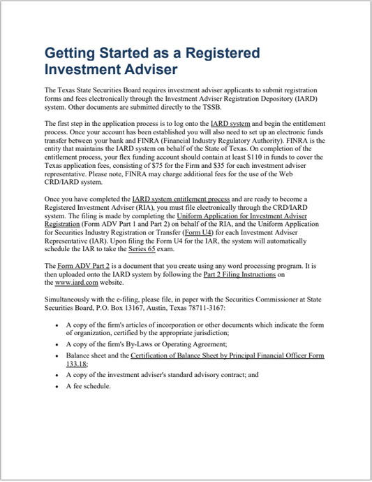 IA- Texas Investment Adviser and Investment Adviser Rep. Registration Requirements