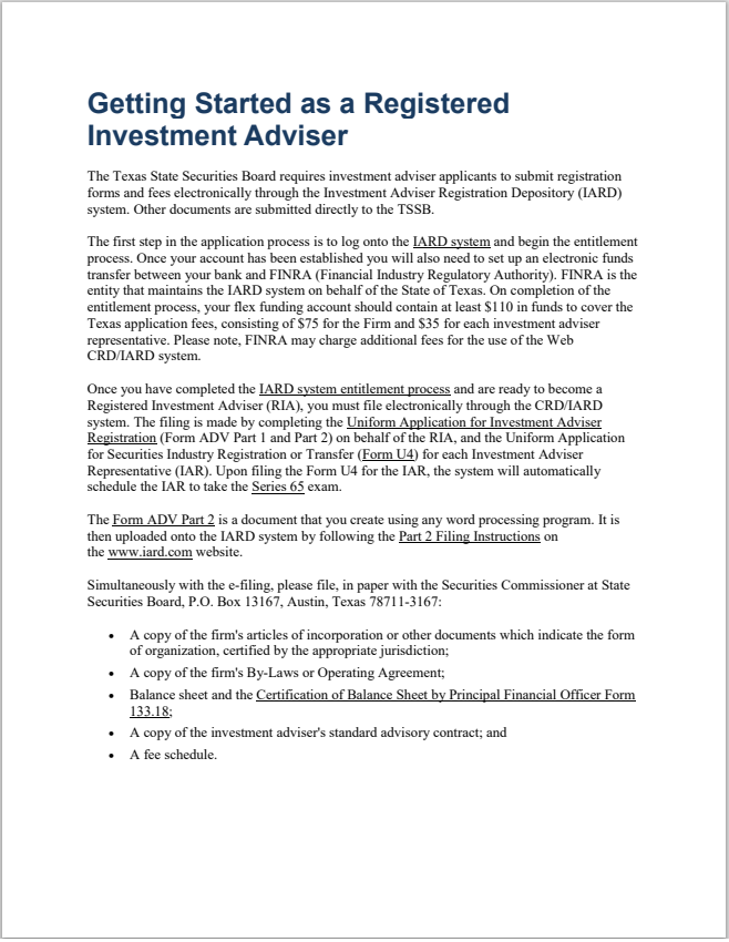 IA- Texas Investment Adviser and Investment Adviser Rep. Registration Requirements
