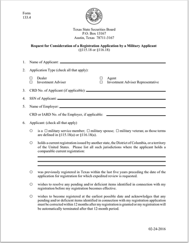 IA- Texas Invest. Adv. and IA Rep. Request for Consideration of a Registration Application by a Military Applicant Form 133.4