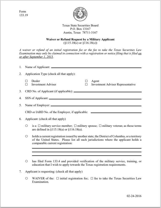 IA- Texas Investment Adviser and Investment Adviser Representative Waiver or Refund Request by a Military Applicant Form 133.19