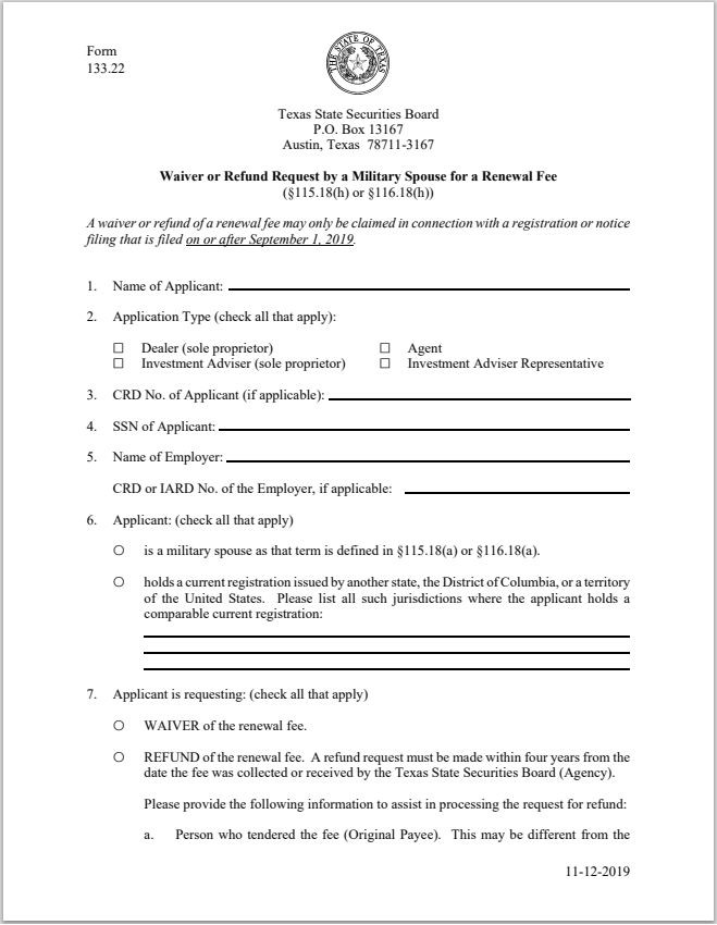 IA- Texas Investment Adviser and Investment Adviser Rep. Waiver or Refund Request by a Military Spouse for a Renewal Fee Form 133.22