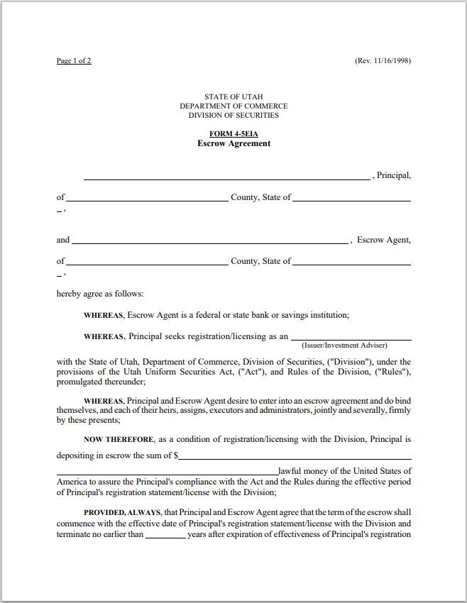 IA- Utah Investment Adviser-Issuer Principal Escrow Agreement Form 4-5EIA