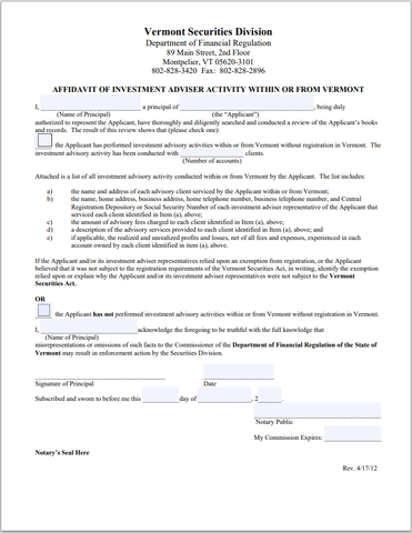 IA- Vermont Affidavit of Investment Adviser Activity Form