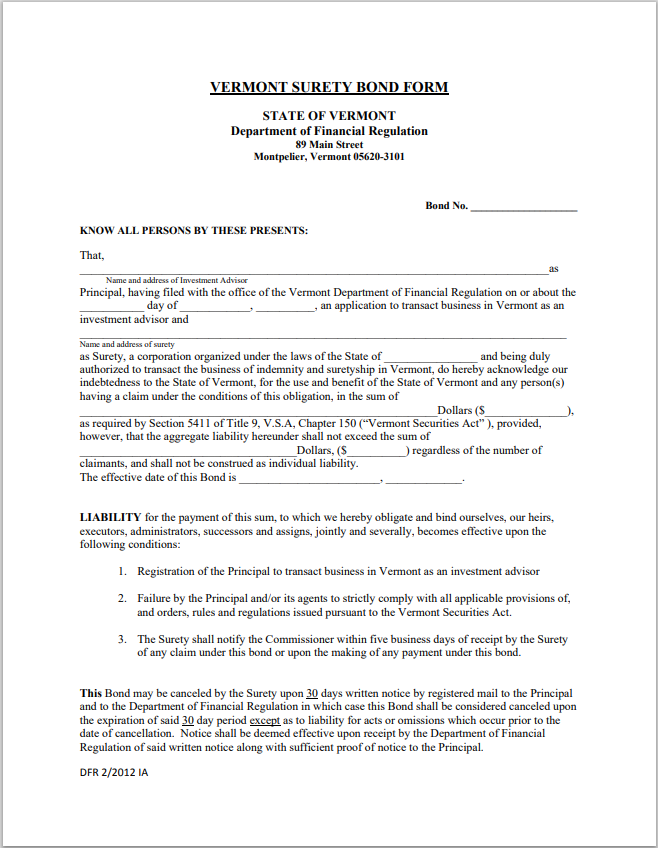 IA- Vermont Investment Adviser Surety Bond Form