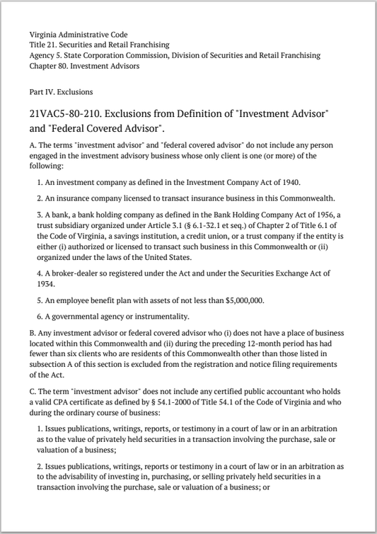 IA- Virginia Exclusion from Definition of an Investment Adviser