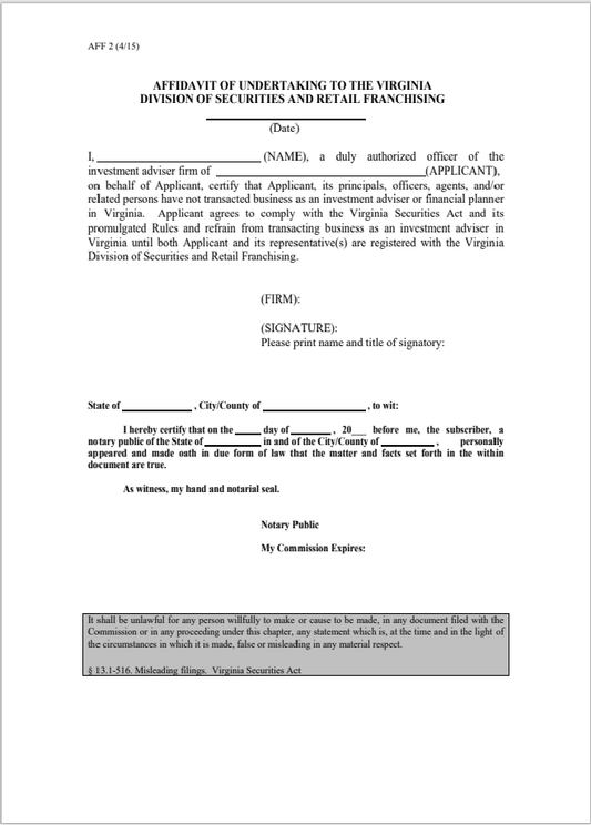 IA- Virginia Investment Adviser In-State Affidavit Form