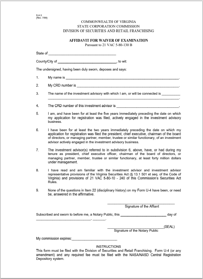IA- Virginia Invest. Adv. Representative Affidavit for Waiver of Exam Request Form