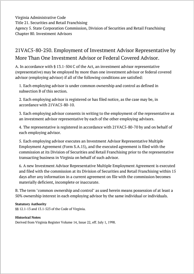 IA- Virginia Invest. Adv. Rep. Employed by More Than One IA Req. and Agreement Form