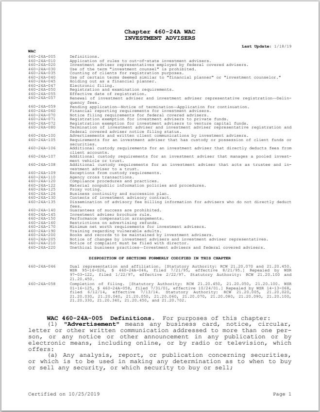 IA- Washington Investment Adviser and I-A Rep. Registration Requirements