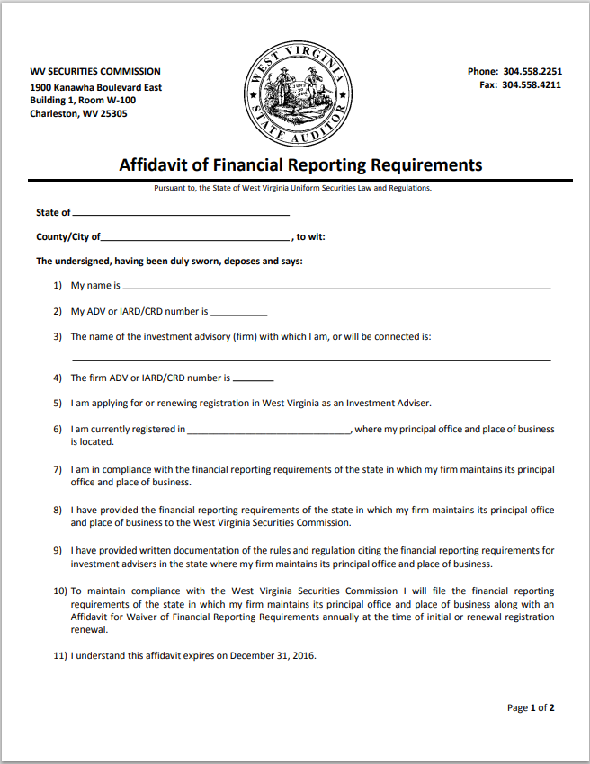 IA- West Virginia Investment Adviser Affidavit of Financial Reporting Requirements