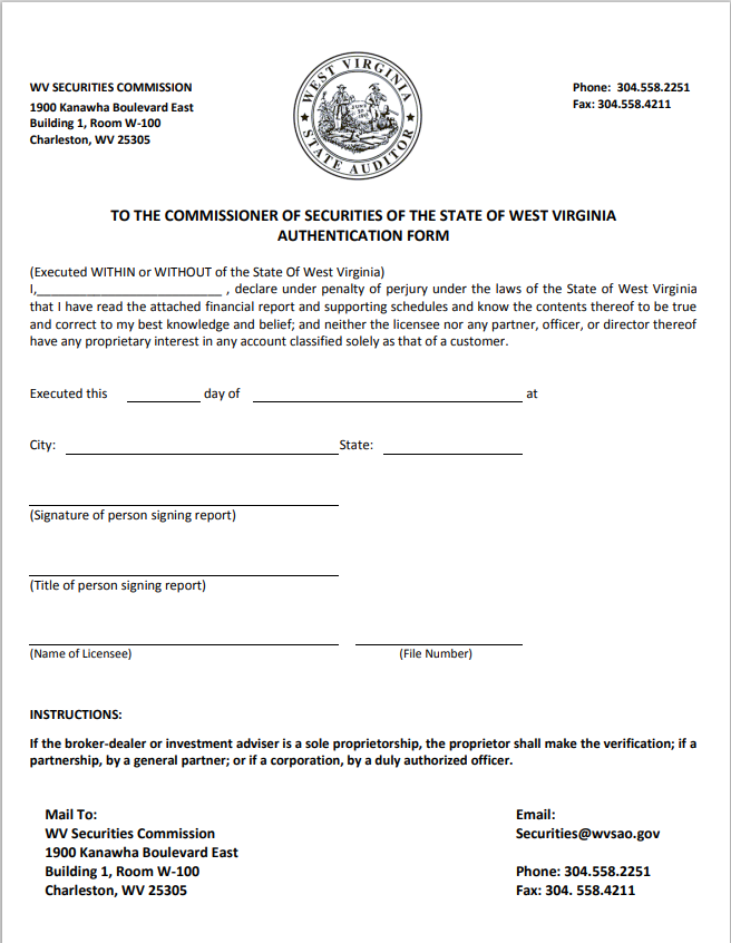 IA- West Virginia Investment Adviser Authentication Form