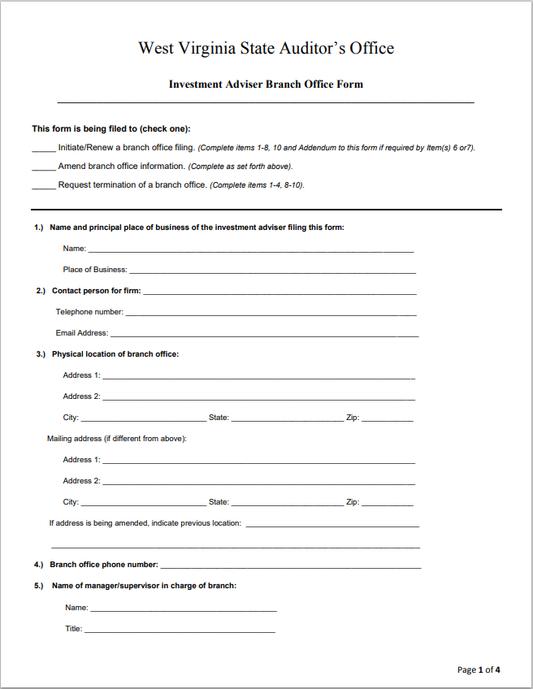 IA- West Virginia Investment Adviser Branch Office Registration Form