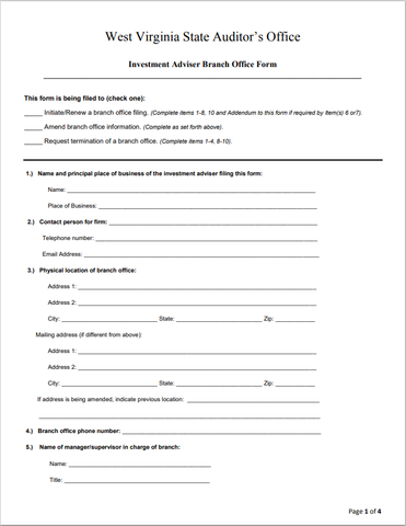 IA- West Virginia Investment Adviser Branch Office Registration Form