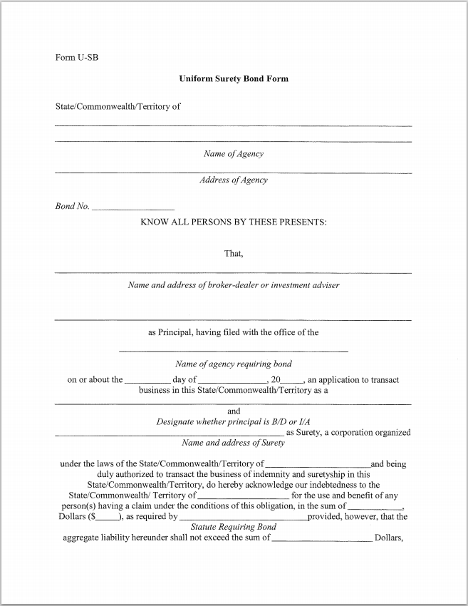 IA- West Virginia Investment Adviser Uniform Surety Bond Form U-SB