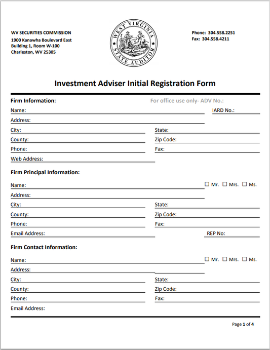 IA- West Virginia Investment Adviser and Rep. Reg. Requirements for Manual Paper Filer Form