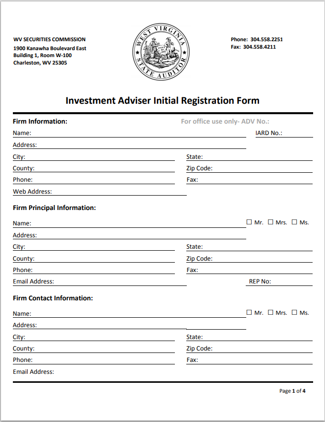 IA- West Virginia Investment Adviser and Rep. Reg. Requirements for Manual Paper Filer Form