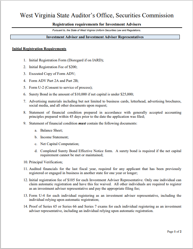 IA- West Virginia Investment Adviser and Representative Registration Requirements