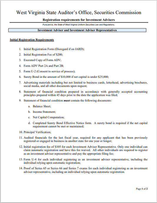 IA- West Virginia Investment Adviser and Representative Registration Requirements