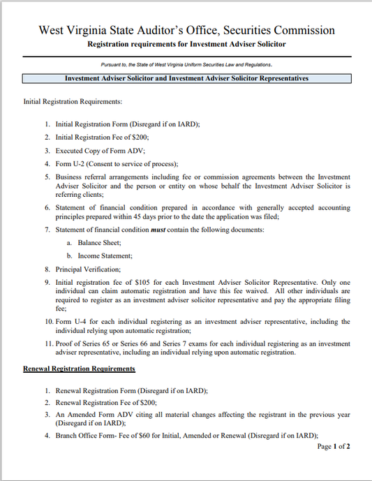 IA- West Virginia Investment Adviser and Rep. Solicitor Registration Requirements