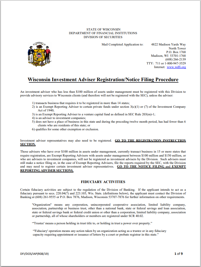 IA- Wisconsin Investment Adviser and Representative Registration Requirements