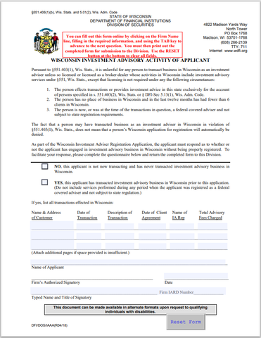 IA- Wisconsin Investment Adviser Activity of Applicant Form