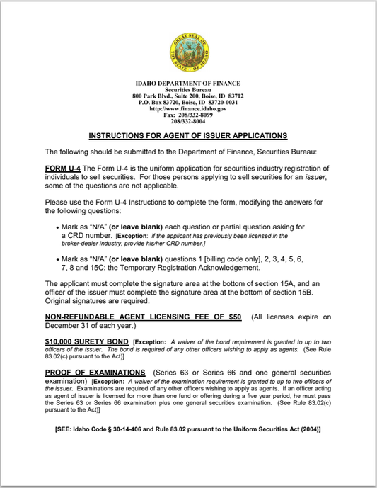 ID- Idaho Issuer Agent Registration Requirements and Fee Schedule