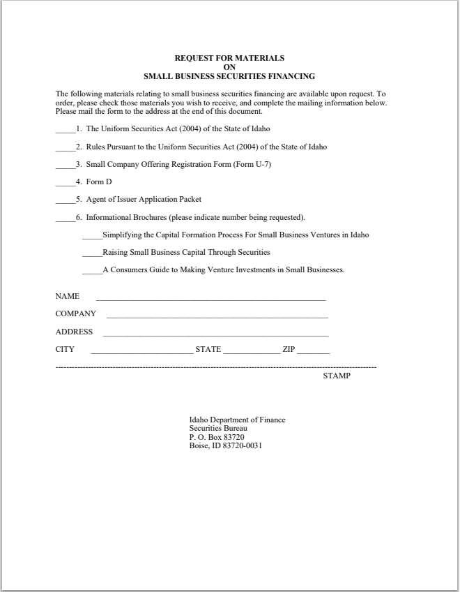 ID- Idaho Small Business Securities Financing Materials Request Form
