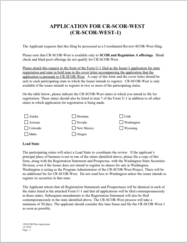 ID- Idaho Small Corporate Offering Registration (SCOR) Coordinated Review West Filing Form