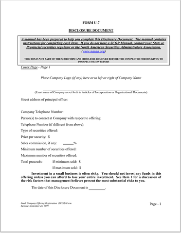 ID- Idaho Small Corporate Offering Registration (SCOR) Form U-7