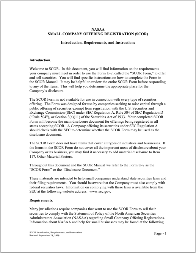 ID- Idaho Small Corporate Offering Registration (SCOR) Introduction to Form U-7