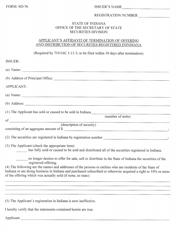 IN- Indiana Affidavit of Termination of Offering and Distribution of Securities Form SD-76